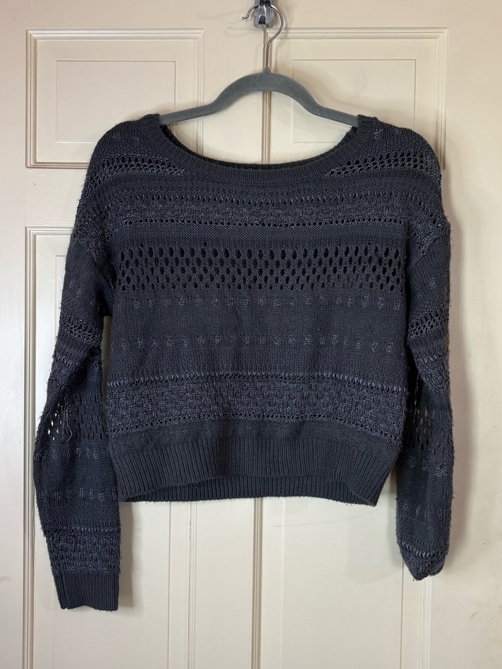 Delias Vintage Gray Boat Neck Long Sleeve Cropped Metallic Open Knit Sweater S